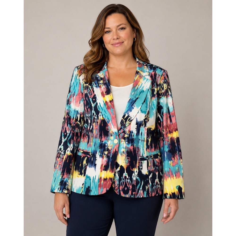 Koret Women's Blazer Jacket 16P Petite Multicolor Abstract Print Single Button L